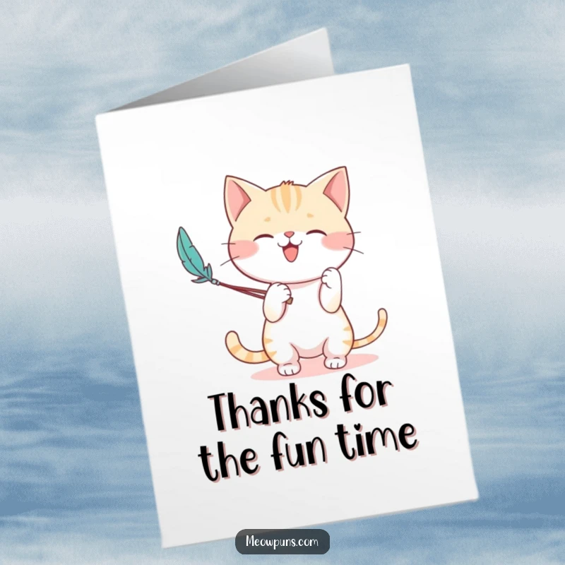 Funny Free Printable Thank You Card: A cute cat character happily plays with a feather wand, offering a sweet and funny thank you.