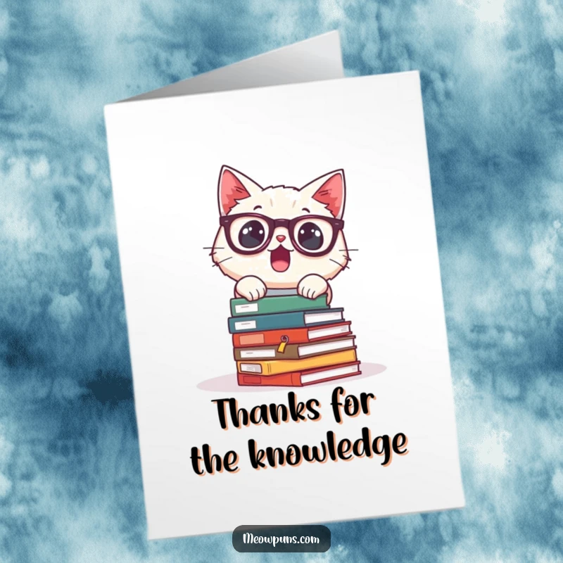 Funny Free Printable Thank You Card: Cat wearing glasses looks surprised as a stack of books tumbles down.