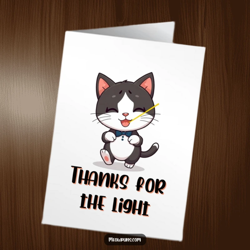 Funny Free Printable Thank You Card: Tuxedo cat focused on a laser dot, representing dedicated thanks.