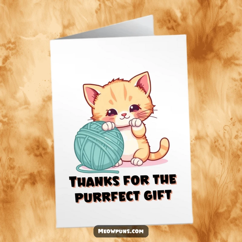 Funny Free Printable Thank You Card: Cute kitten energetically batting a giant yarn ball shaped like a letter.