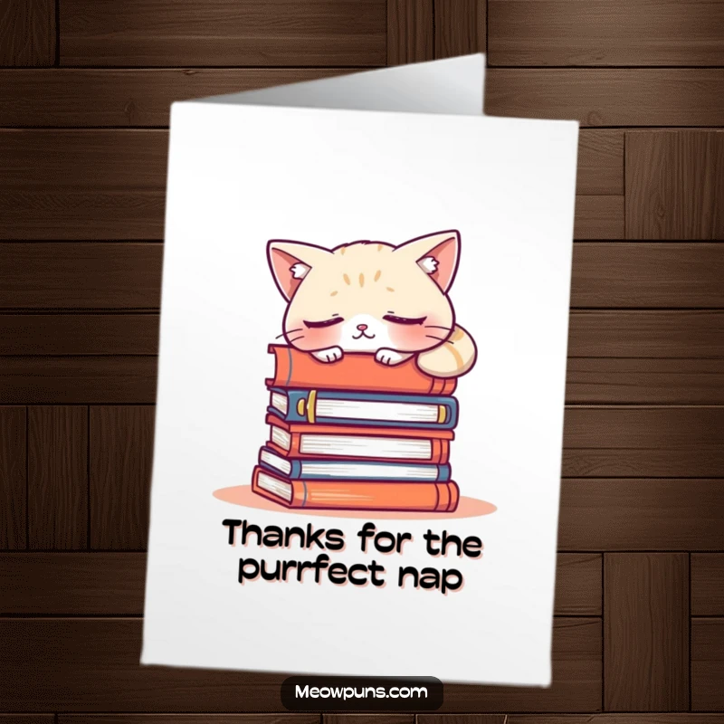 Funny Free Printable Thank You Card: A snoozing cat rests on a pile of books, thanking you with quiet charm.