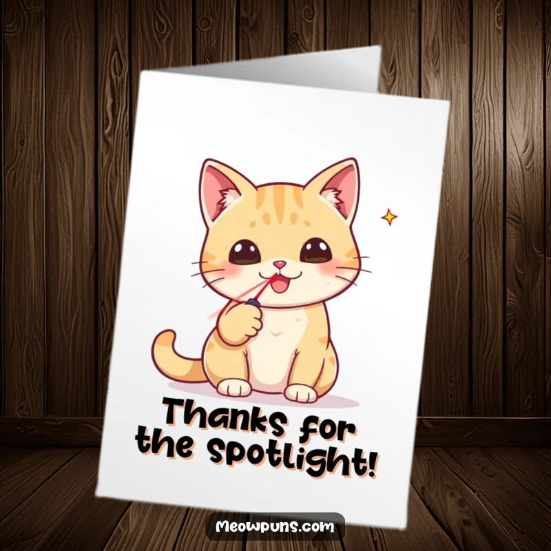 Funny Free Printable Thank You Card: Cat proudly holding a tiny laser pointer, a symbol of achieving something great.