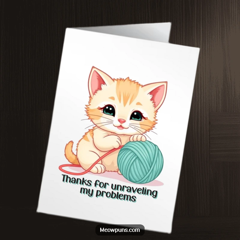 Funny Free Printable thank you card with a cute kitten playfully batting at a yarn ball, sending thanks with a smile.