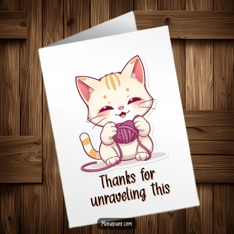 Funny Free Printable Thank You Card: A playful cat is tangled in yarn, offering a chaotic yet heartfelt thank you.