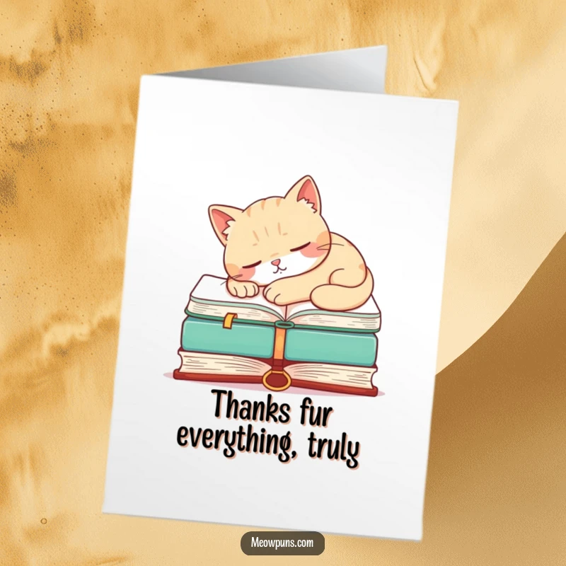 Funny Free Printable Thank You Card with a sleepy cat resting on a giant book, a humorous way to say thanks.