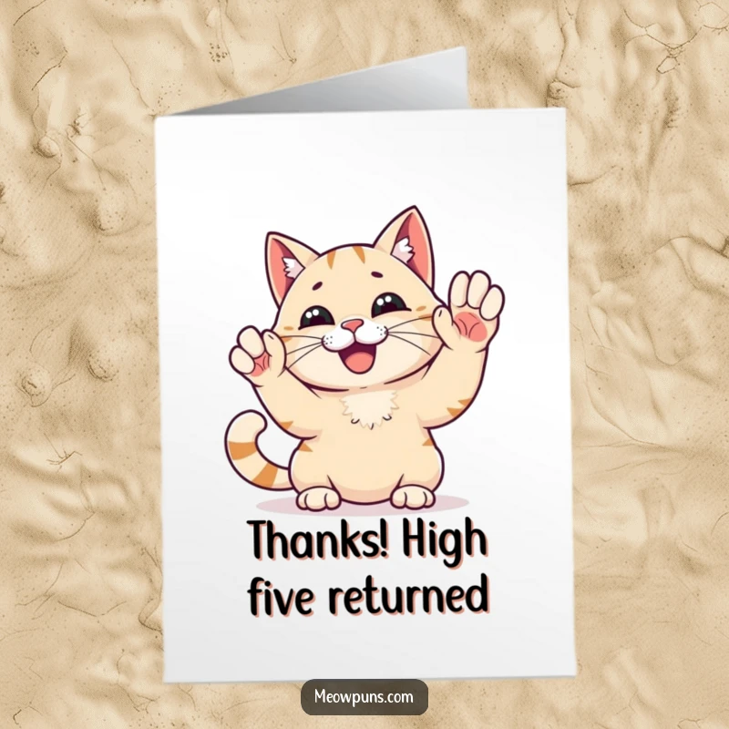 Funny Free Printable High Five Cat Thank You Card: Happy cat gives a high five, expressing thanks warmly.