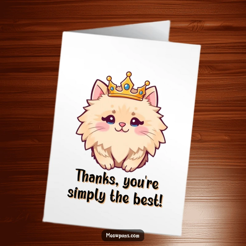 Funny Free Printable Thank You Card: Fluffy cat wearing a crown, elegantly expressing thanks.