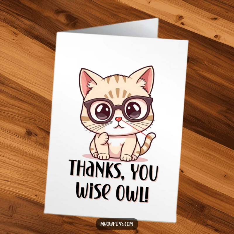 Funny Free Printable Thank You Card: Intelligent cat with spectacles gazes at a laser dot, appreciating a kind gesture.