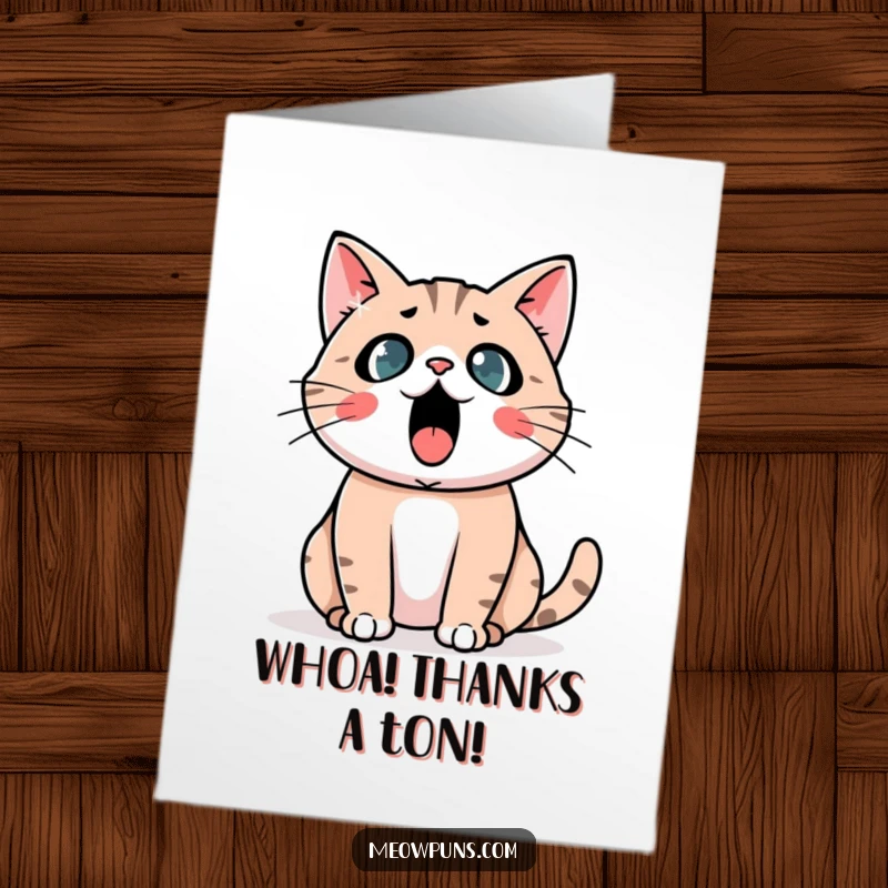 Funny Free Printable Astonished Cat Thank You Card: Cat expresses astonishment with a giant exclamation mark, conveying thanks.