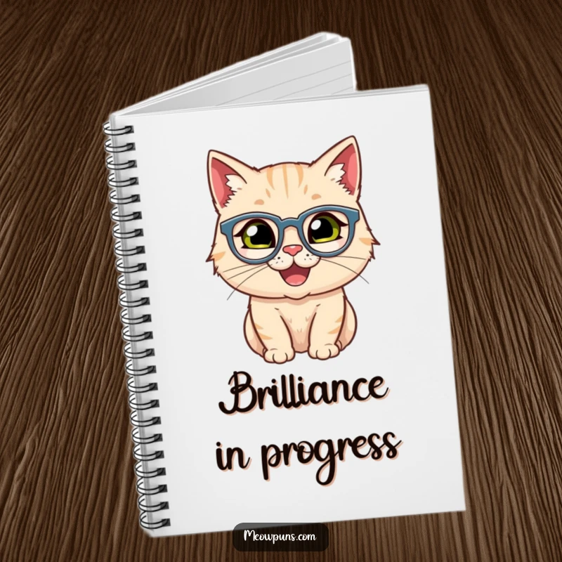 Funny notebook with a happy cat wearing spectacles, perfect for jotting down ideas with intellectual humor.