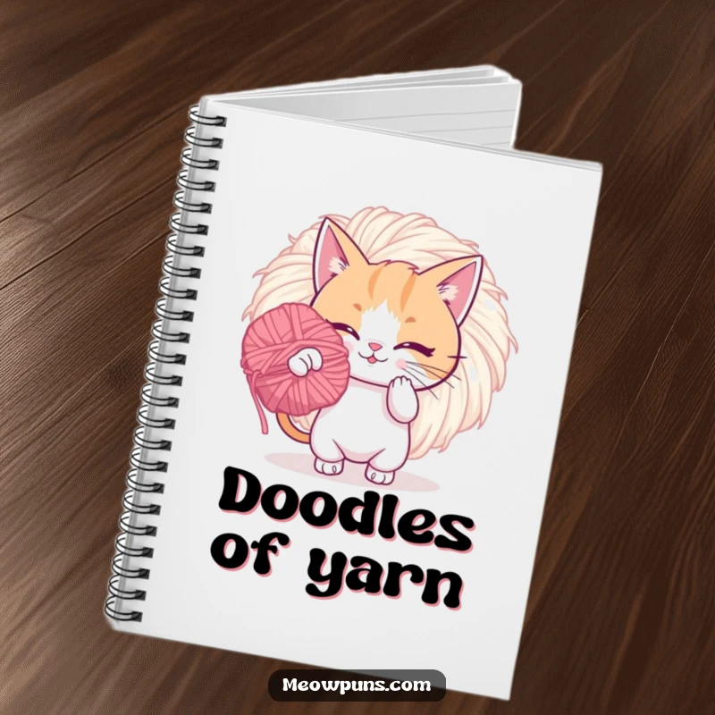 Funny notebook featuring a playful cat batting a giant, fuzzy yarn pom-pom, perfect for jotting down creative and fun ideas.