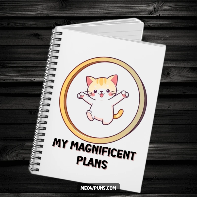 Funny notebook featuring a cat leaping through an 'M' hoop, perfect for jotting down ideas with active humor.