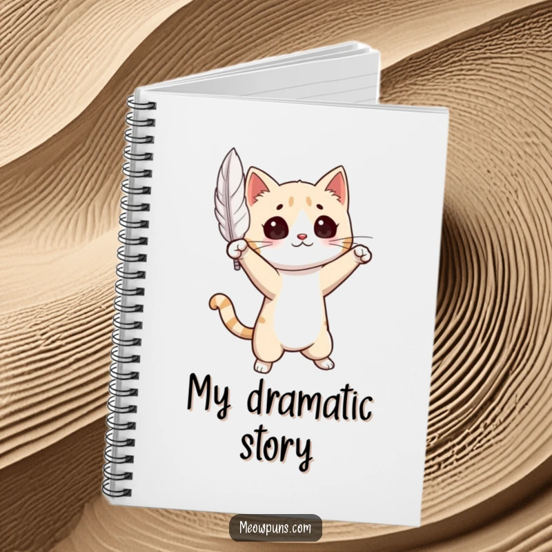 Funny Cat Notebook: Cover design of a dramatic cat striking a pose with a floating feather, ideal for notes and inspiration.