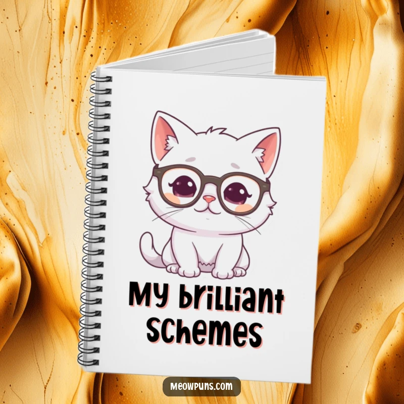 Funny white cat wearing glasses and looking thoughtful, on the cover of a lined notebook, inspiring wisdom and creativity.