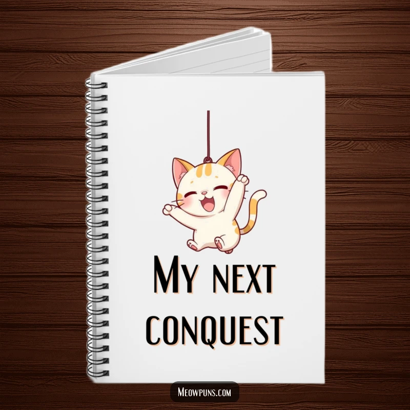 Funny Cat Pounce Notebook, featuring a cat energetically pouncing on a string, ideal for notes, plans, and creative writing.