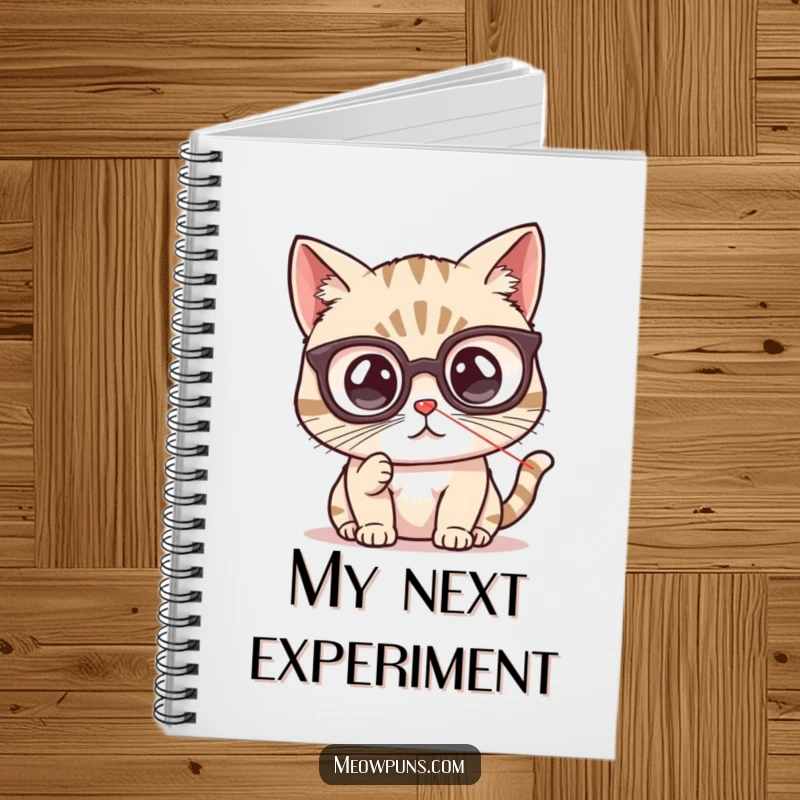 Funny cat notebook with a cute cat wearing spectacles, intently tracking a red laser pointer dot, encouraging creative writing.