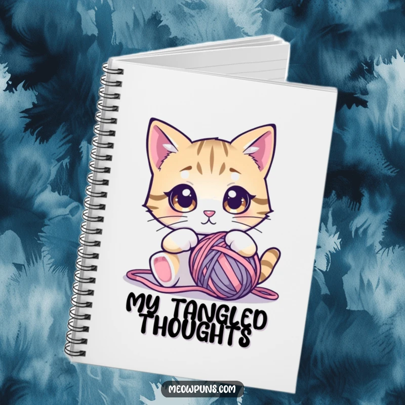 Funny cat notebook featuring a cute cat with wide, mesmerized eyes looking at a ball of yarn, encouraging creativity.