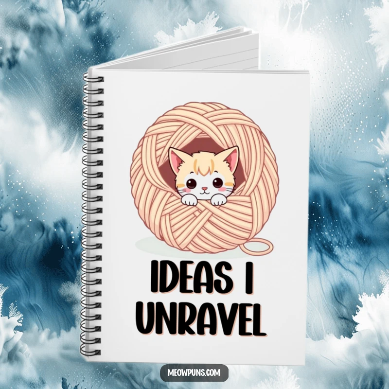 Funny notebook cover with a cute cat character peeking from a yarn ball, perfect for notes and creative ideas.