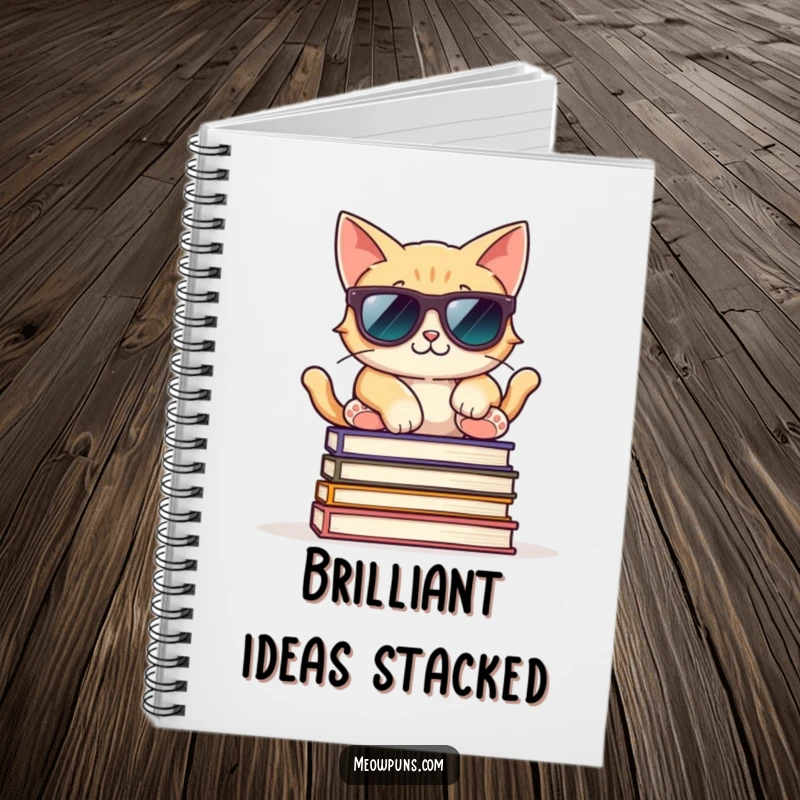 Funny notebook featuring a cool cat with sunglasses, relaxed on books, perfect for jotting down stylish and clever ideas.