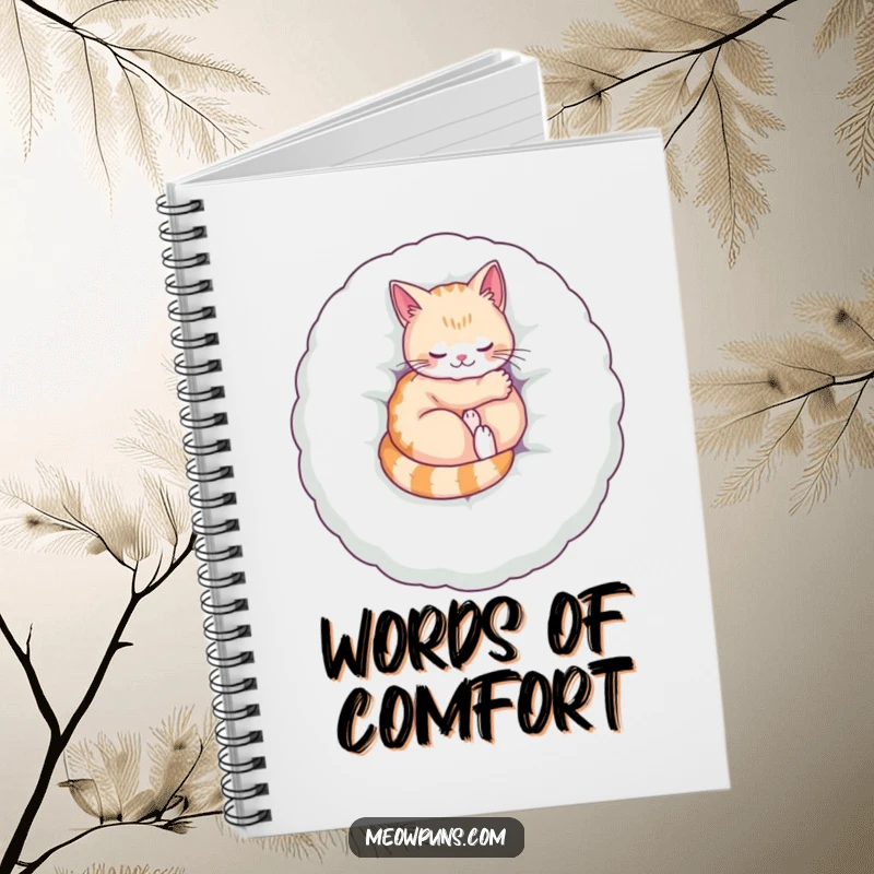 Funny notebook featuring a cat purring on a plush letter, perfect for jotting down ideas with cozy humor.