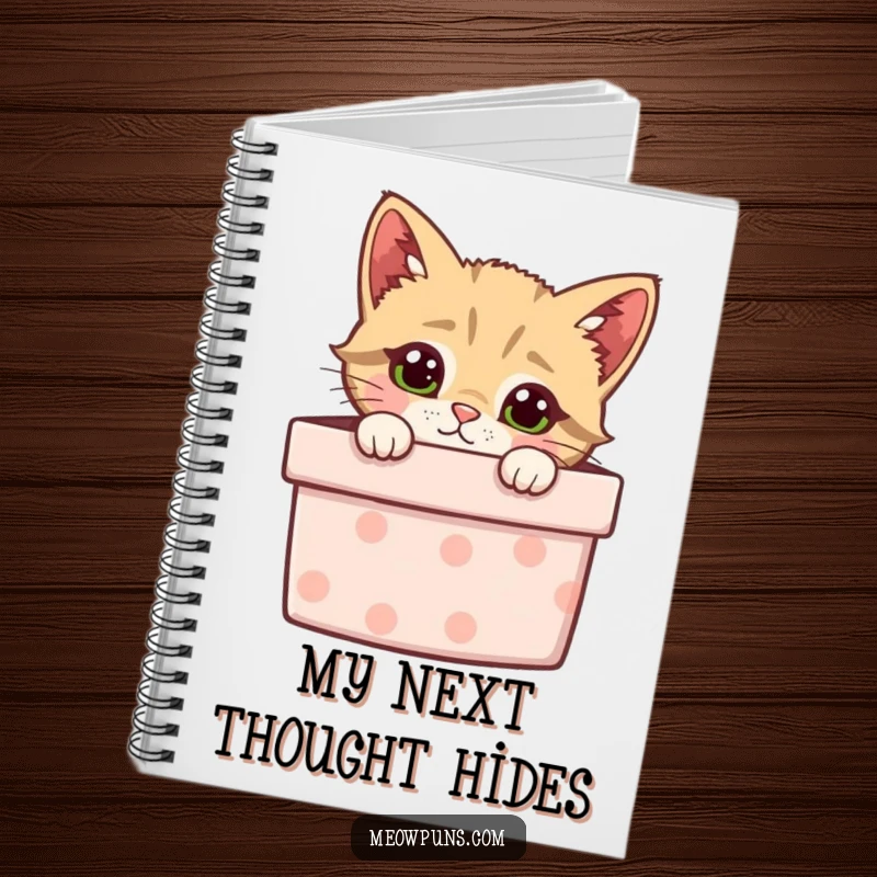 Funny notebook with a curious cat peeking from a gift box, perfect for jotting down ideas humorously.