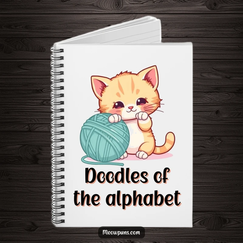 Funny notebook with a playful kitten batting a giant letter-shaped yarn ball, perfect for notes and playful learning.