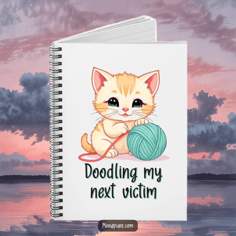 Funny notebook with a cute kitten batting at a ball of yarn, ideal for writing, journaling, and creative planning.