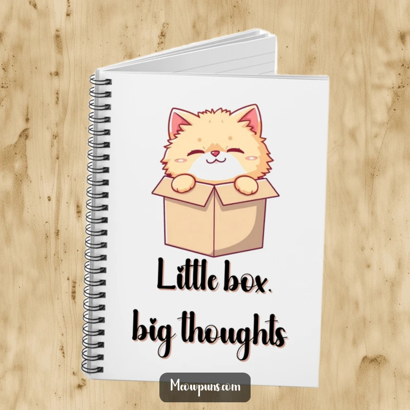 Funny notebook with a fluffy cat character, curiously peeking from a comically small box, ready for creative notes.