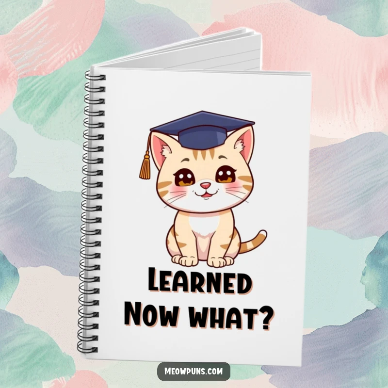 Funny notebook with a cat in a graduation cap throwing it up, perfect for jotting down funny achievements.