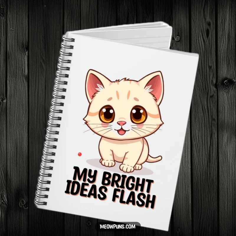 Funny cat notebook featuring a cat with wide googly eyes, intensely chasing a tiny laser pointer dot, inspiring focus.
