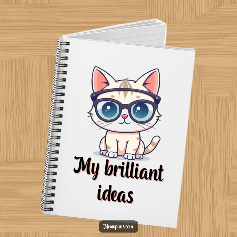 Funny notebook cover with a cute cat character wearing oversized reading glasses, ready to capture brilliant ideas and witty observations.