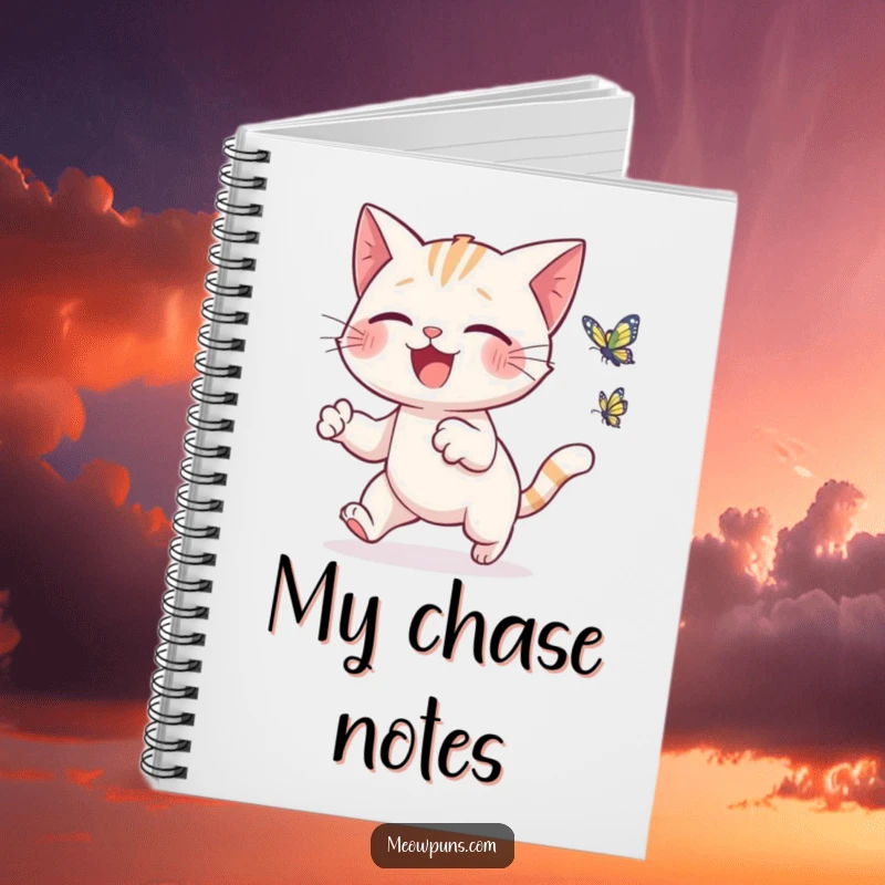 Funny cat notebook showing a cute cat joyfully chasing a tiny, animated butterfly, encouraging happy note-taking.
