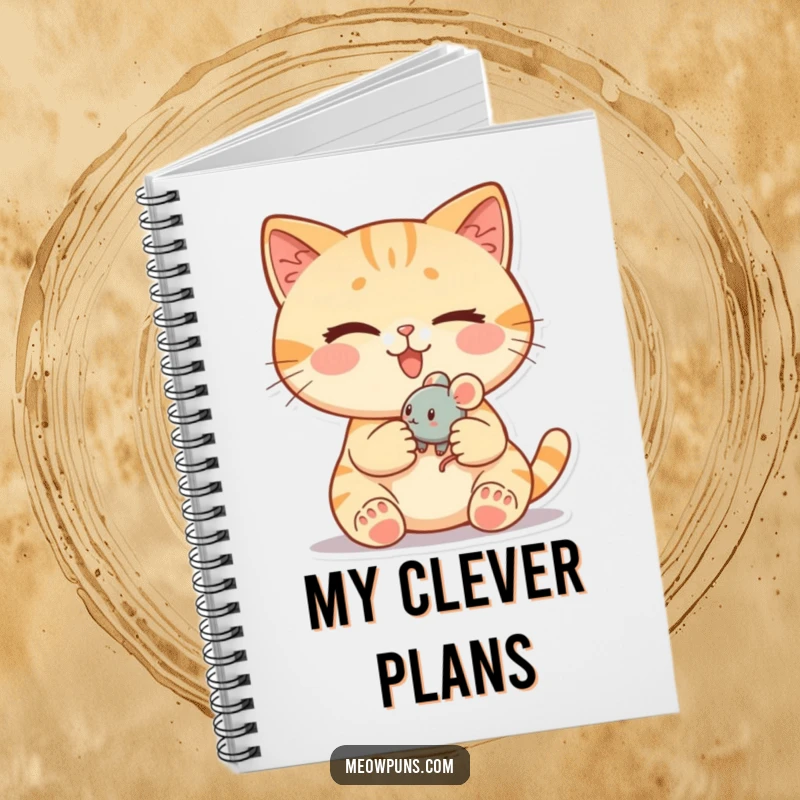 Funny cat notebook showing a cute cat winking while holding a tiny, rolling toy mouse, encouraging sly note-taking.