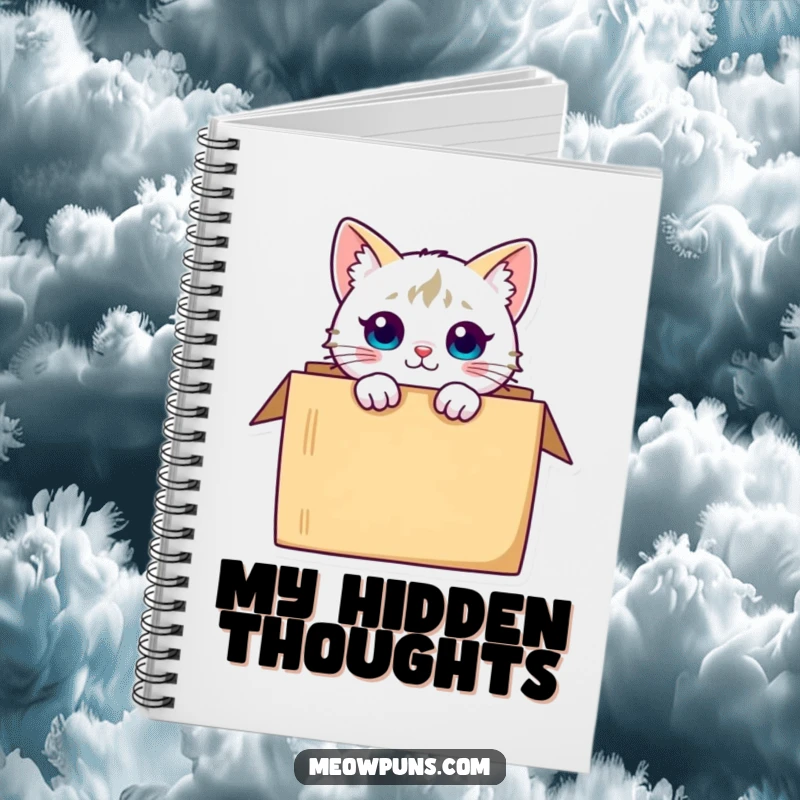 Funny curious cat character peeking from a box, inspiring curious thoughts and organization in this notebook.