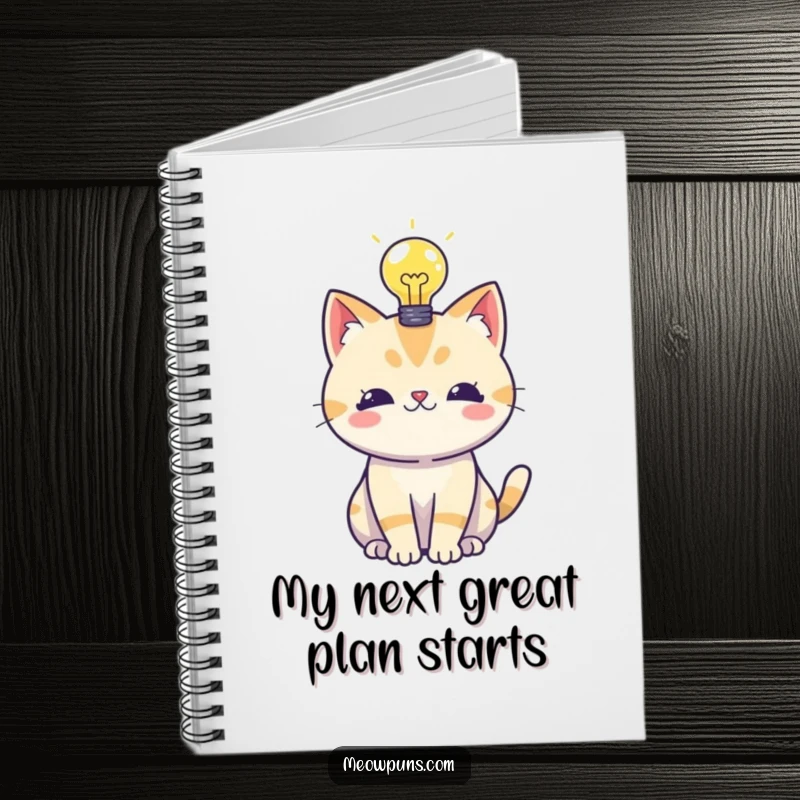 Funny notebook with a cat and a lightbulb above its head, designed for jotting down clever thoughts and ideas.