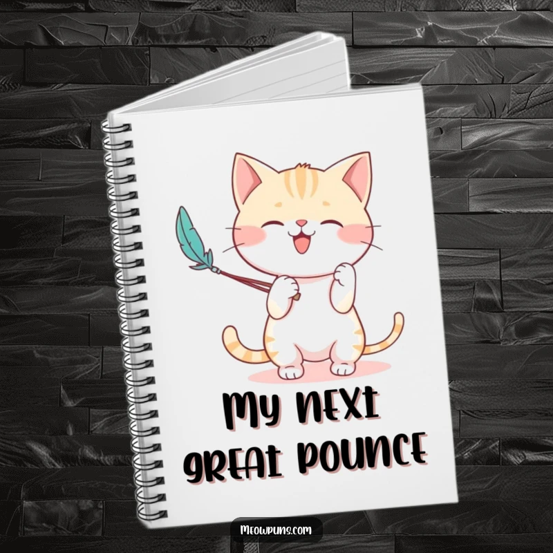 Funny notebook with a cute cat character enthusiastically playing with a feather wand, inspiring playful notes and feline-themed doodles.