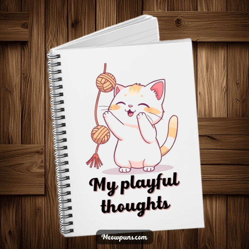 Funny cat playfully batting at a yarn ball on a notebook, encouraging creative writing and note-taking.