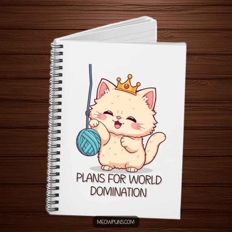 Funny notebook with a fluffy cat wearing a crown, enthusiastically batting a yarn ball, inspiring regal thoughts and playful note-taking.