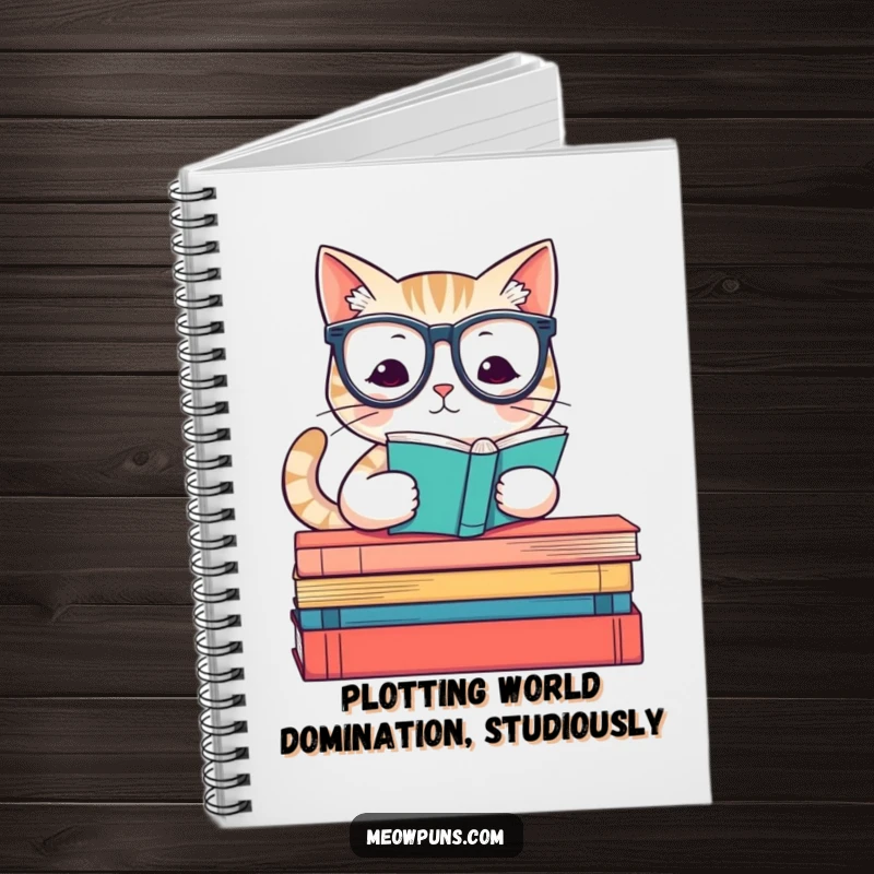 Funny notebook with a cute cat wearing reading glasses on books, ideal for writing, journaling, and creative brainstorming.