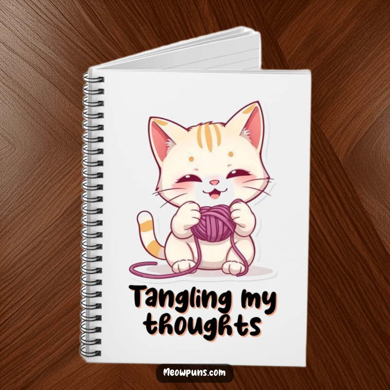 Funny notebook cover featuring a mischievous cat character playfully entangled with yarn, perfect for jotting down thoughts and ideas.