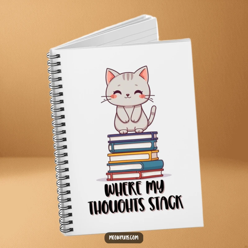 Funny grey cat balancing on a stack of books, on the cover of a lined notebook, inspiring organization and humor.