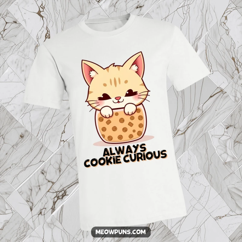 Funny Cat T-Shirt: A cat with a sly, mischievous grin peeking over the edge of a cookie jar, caught red-handed.