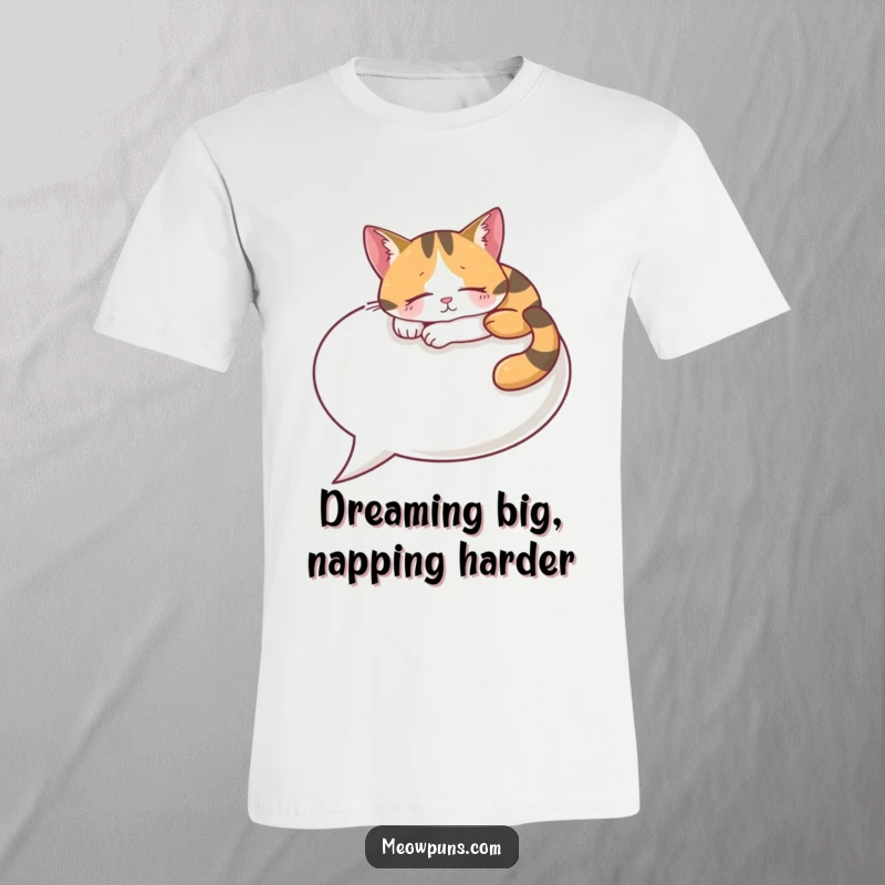 Funny Calico Cat T-Shirt, a content cat is napping on a giant speech bubble, showcasing hilarious cat humor and relaxation.