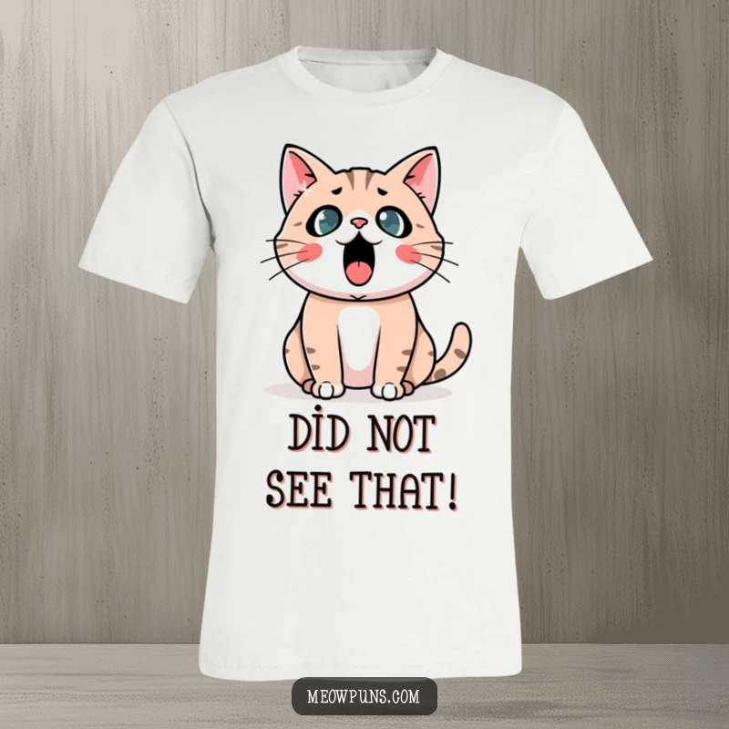 Funny Astonished Cat T-Shirt: A wide-eyed cat shows shock next to a giant exclamation mark, a funny design.