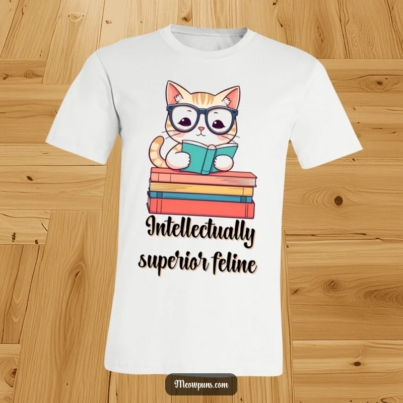 Funny t-shirt featuring a cute cat wearing reading glasses, perched on a stack of books, embodying a literary scholar.