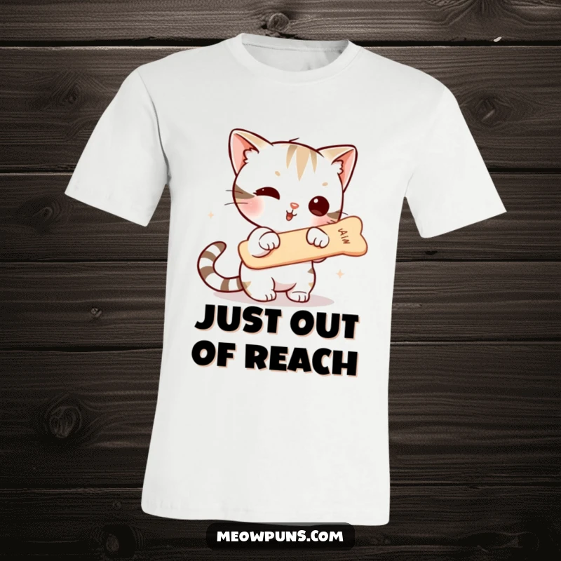 Funny t-shirt featuring a cute cat character mid-air, batting playfully at a floating fishbone, capturing a moment of pure, unadulterated kitty determination.