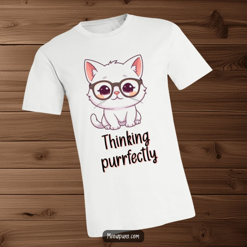 Funny white cat wearing glasses, looking thoughtful and purring, printed on a t-shirt, highlighting its intelligent nature.