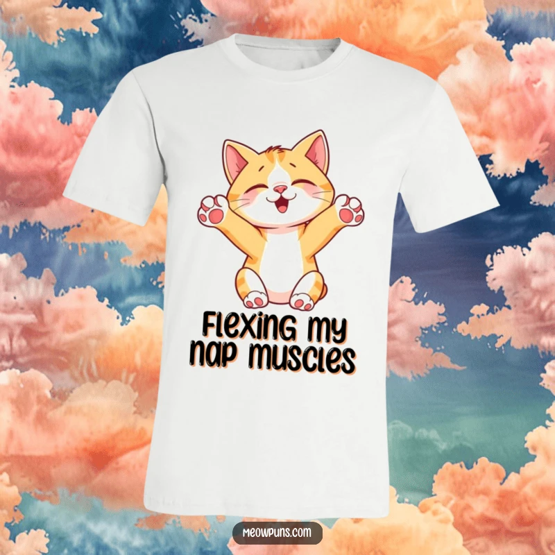 Funny Cat Stretch T-Shirt, depicting a cute cat fully stretching with its paws reaching upwards in a relaxed pose.