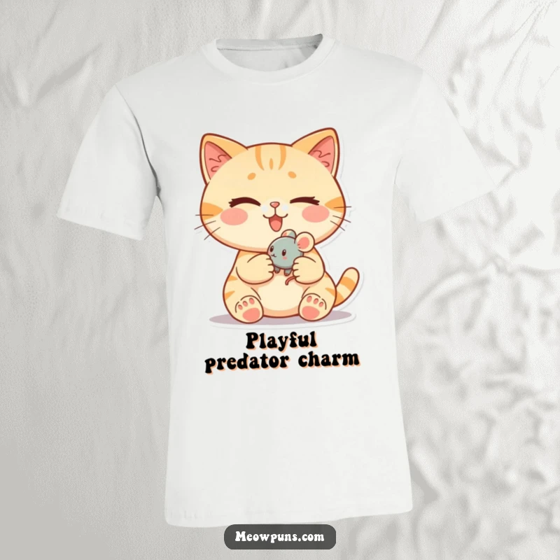 Funny cat t-shirt featuring a cute cat winking slyly while holding a small, rolling toy mouse, embodying mischief.