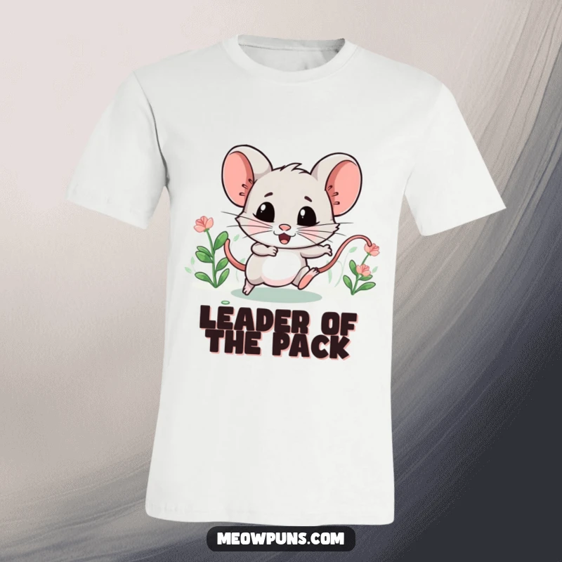 Funny t-shirt showing a mischievous catnip mouse character, joyfully leading a tiny, comical chase, perfect for cat fans.